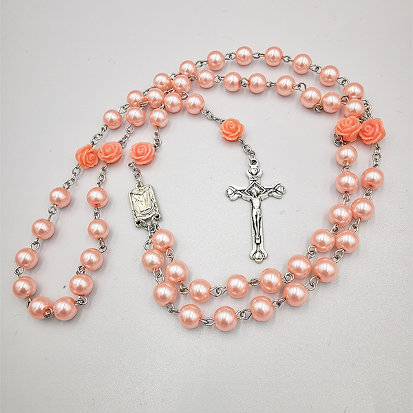 Katholische 6mm Perlen-Rosenkranzkette, Lourdes-Medaille und Kreuz