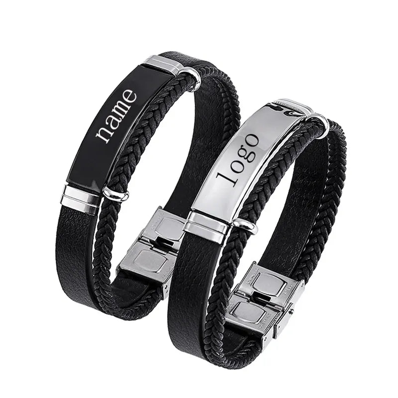 Personalisierte Trendy Männer Leatherwear Weben Armband Freizeit Farbe Kontrast Edelstahl Bangle Custom Graviert Name und Logo