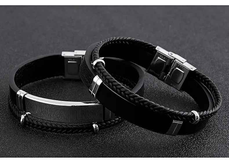Personalisierte Trendy Männer Leatherwear Weben Armband Freizeit Farbe Kontrast Edelstahl Bangle Custom Graviert Name und Logo