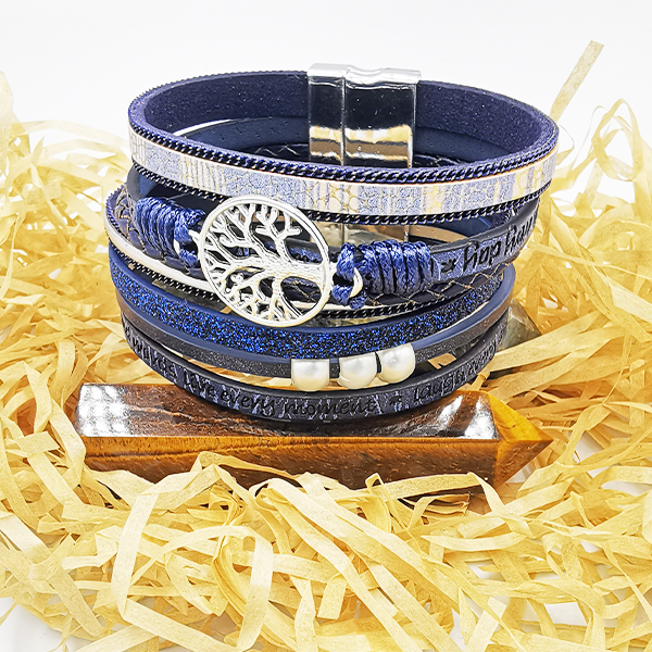 Personalisierte Boho Baum des Lebens mehrschichtiges glänzendes Leder- Wickelarmband