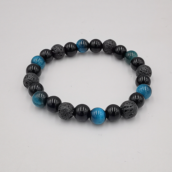 Personalisierte Armband unisex mit Naturstein, 10 mm Perlen, dreifacher Tigerauge-Brillantblau-inkl. Aufbewahrungssäckli