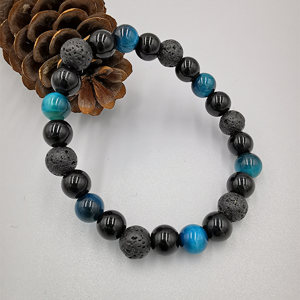 Personalisierte Armband unisex mit Naturstein, 10 mm Perlen, dreifacher Tigerauge-Brillantblau-inkl. Aufbewahrungssäckli