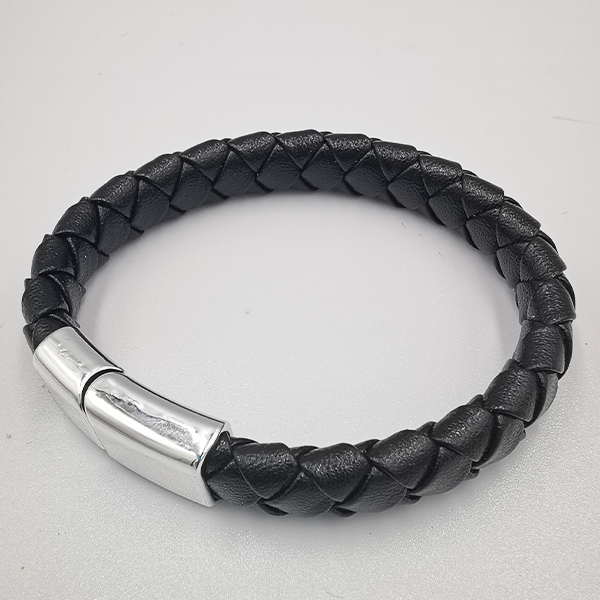 Personalisierte Lederarmband für Herren geometrisch gewebter moderner Schmuck / Schwarz/Titanstahl