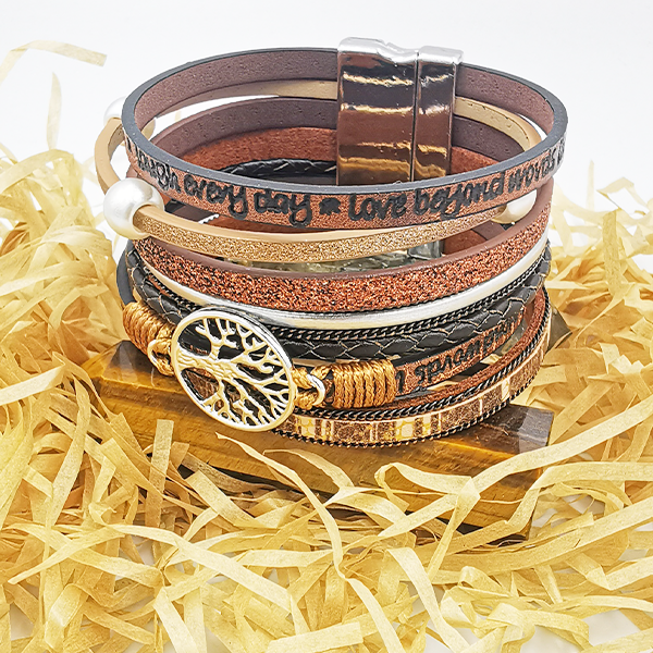 Personalisierte Boho Baum des Lebens mehrschichtiges glänzendes Leder- Wickelarmband