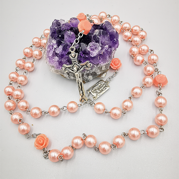 Persolisierte Katholische 6mm Perlen-Rosenkranzkette, Lourdes-Medaille und Kreuz