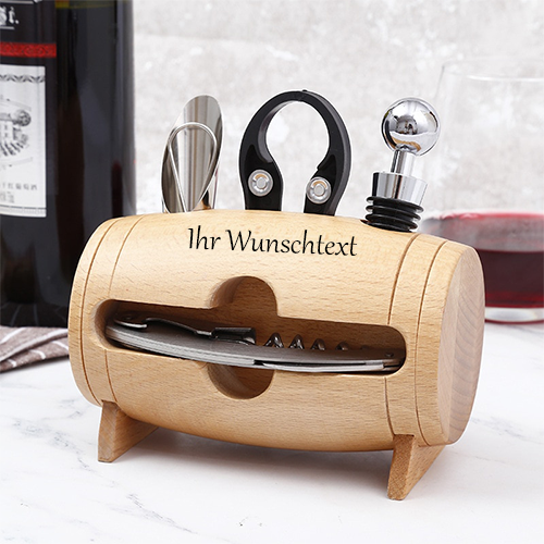 Personalisierte Wein Flasche Opener 4 Stück Küche Werkzeuge Set Manuelle Rotwein Korkenzieher Wein Stopper Ausgießer Folie Cutter mit Holz Lagerung rack