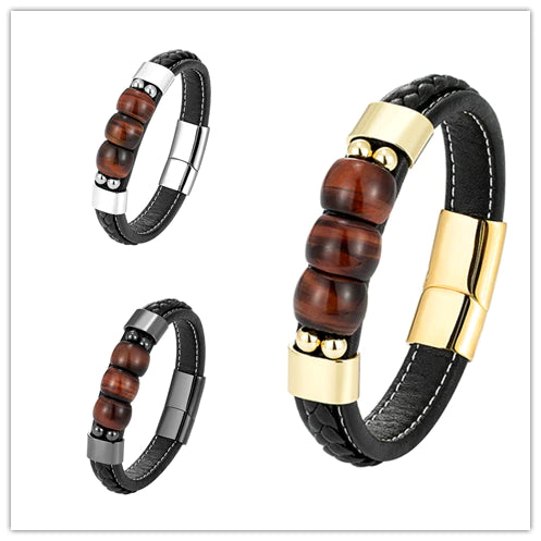 Personalisierte Natürliche Rote Tigerauge 3 Glück Charme Schmuck Armband 316L Edelstahl Lederband männer Armband OL Stil