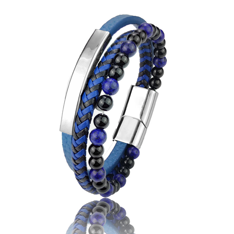 Personalisierte Blau Stein Armband Echtem Blau Leder Geflochtene Armband Edelstahl Magnetische Verschluss Tiger Auge Perle Armreifen Männer Schmuck