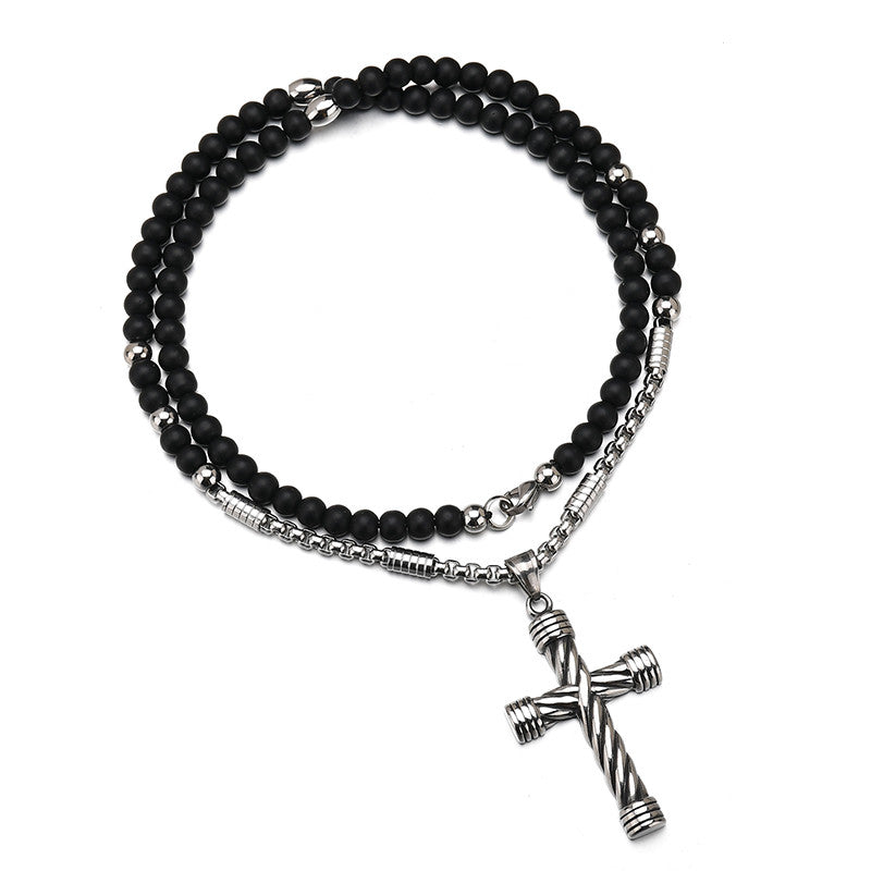 Persolisierte Edelstahl Kreuz Anhänger Halskette Silber Farbe Edelstahl Kette Schwarz Stein Strang Perlen Halsketten Schmuck Männer.