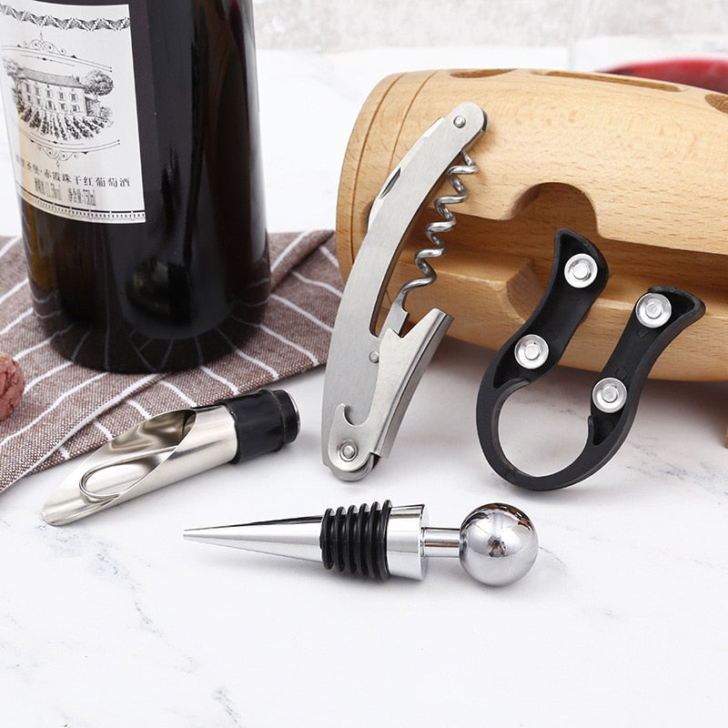 Personalisierte Wein Flasche Opener 4 Stück Küche Werkzeuge Set Manuelle Rotwein Korkenzieher Wein Stopper Ausgießer Folie Cutter mit Holz Lagerung rack